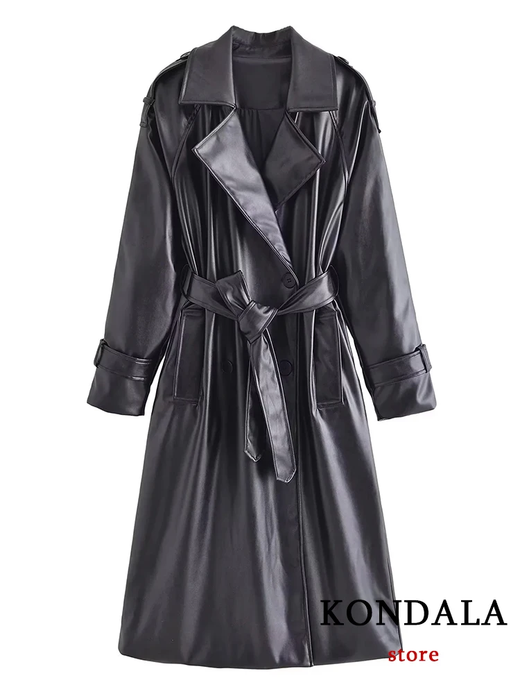 

KONDALA офисные женские черные кожаные длинные тренчи, женские пальто из искусственной кожи с V-образным вырезом и длинным рукавом, модные осенне-зимние пальто 2022