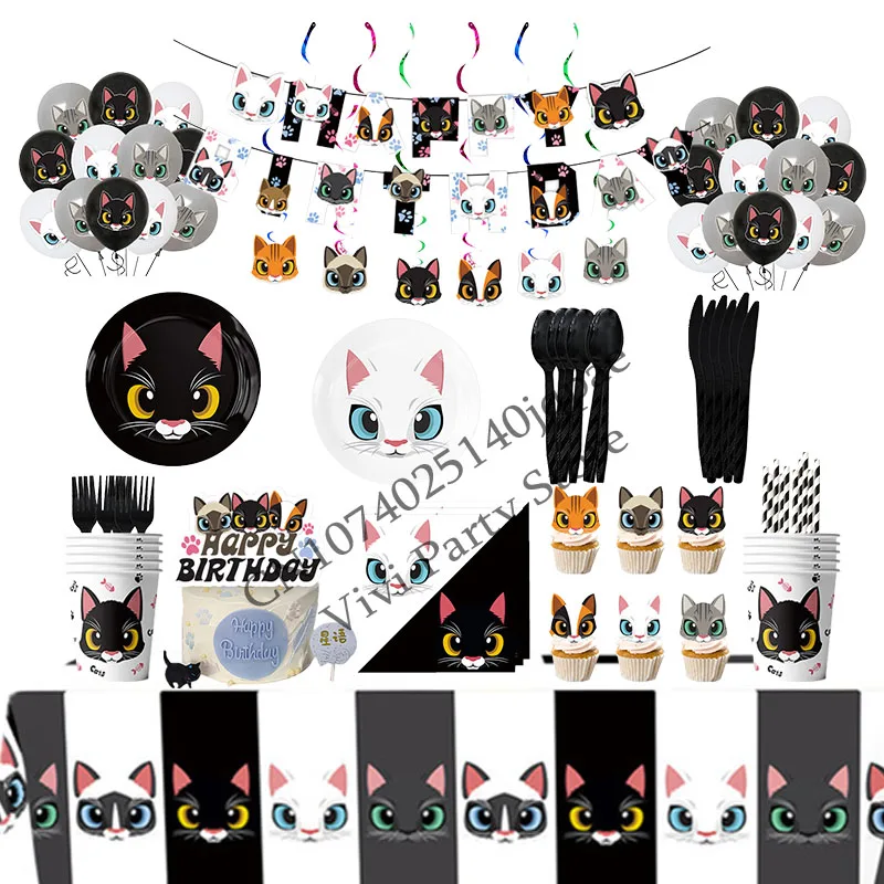 

Black And White Cat Themed Party Disposable Tableware Paper Cup Plate Tablecloth Baby Shower Decoration