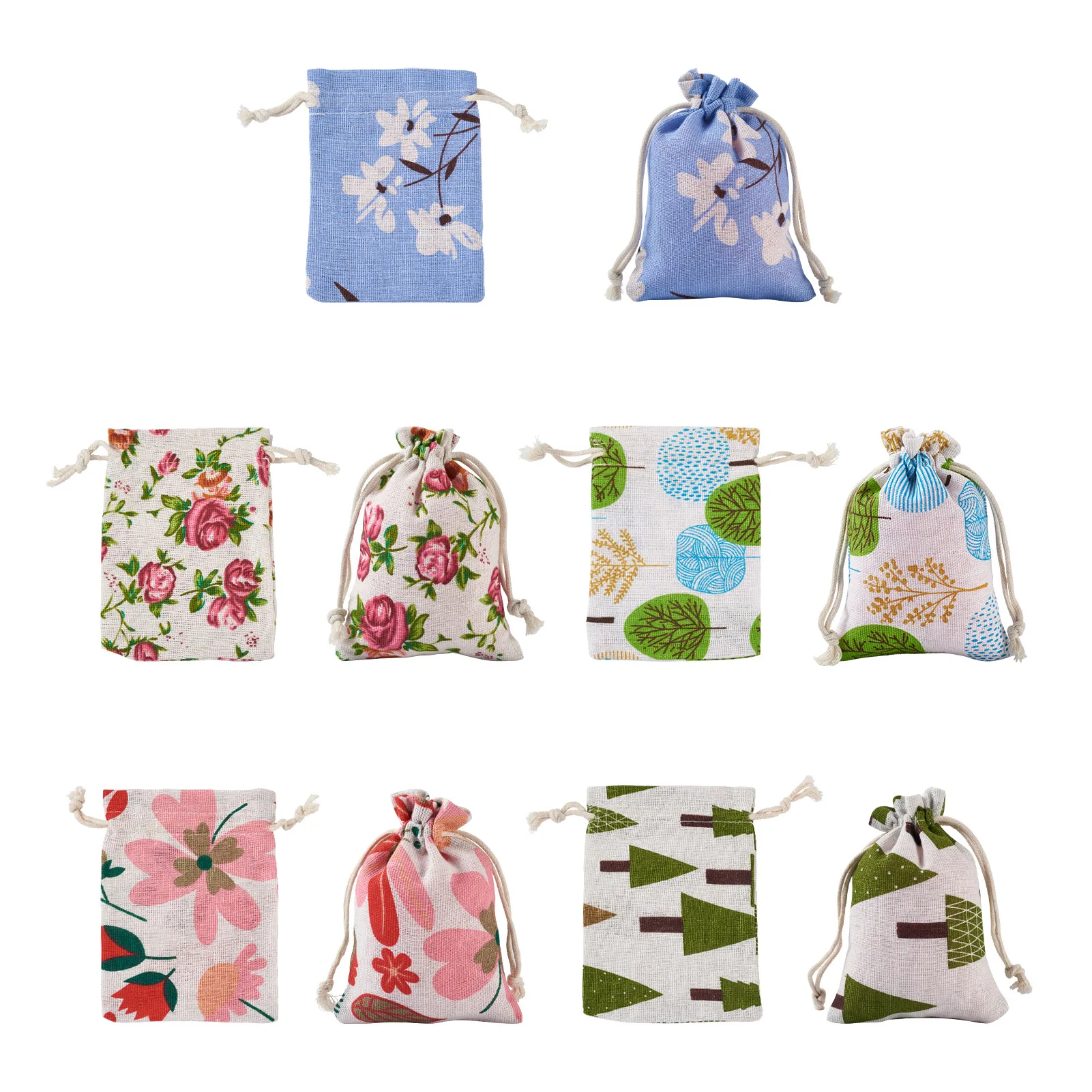 50Pcs Mixed Plant Pattern Cloth Packing Pouches Rectangle Drawstring Bags DIY Jewelry Gift Multifunctional Storage Findings