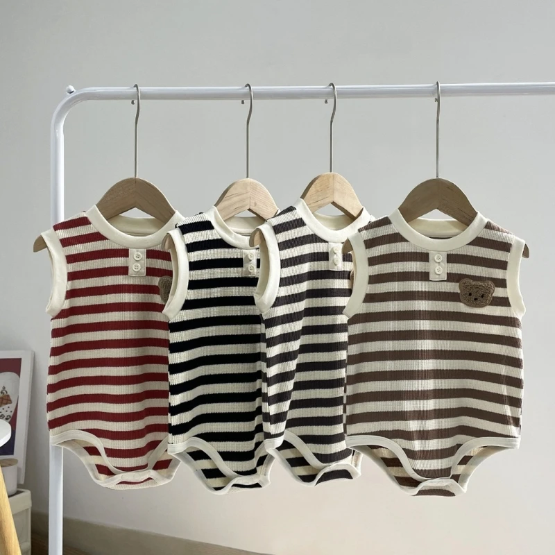 

Sleeveless Baby Bodysuit 2023 Summer Newborn One-piece Clothes Cotton Infant Girls Boys Cartoon Bear Embroidery Jumpsuit A2UB