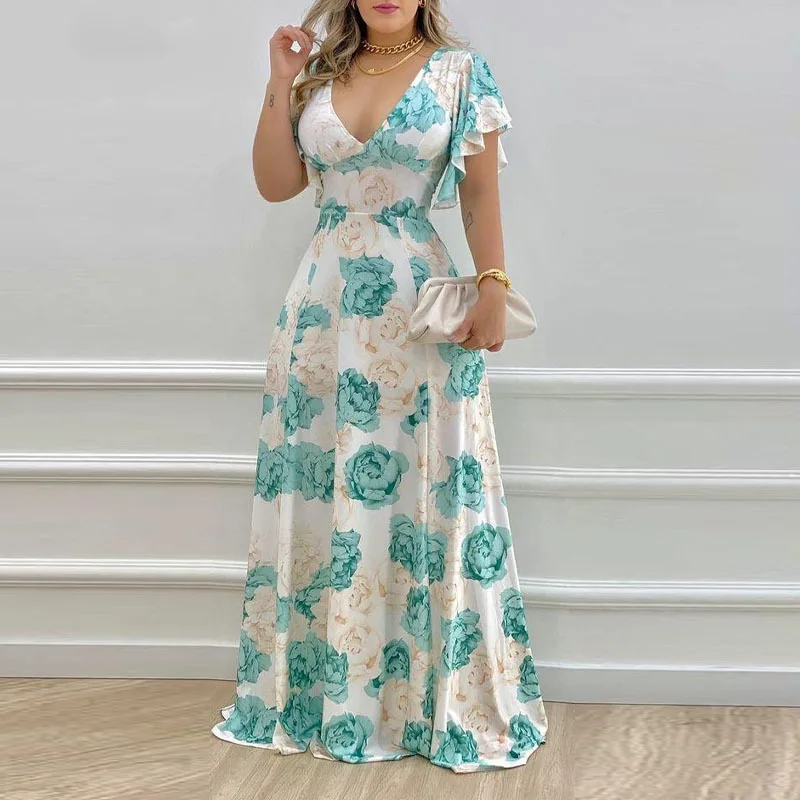 

2022 Spring Summer Boho Floral Print Long Dress Women V Neck Ruffle Short Sleeve A Line High Waist Prom Party Dresses Vestido