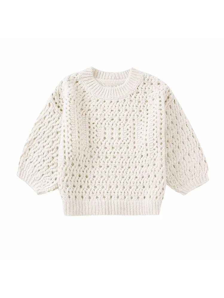 

YLJHQX Women Fashion Cropped Pointelle Knit Sweater Vintage O Neck Short Sleeve Female Pullovers Chic Tops