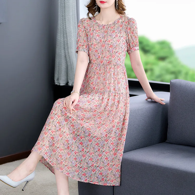 

Женское платье из шелка тутового шелкопряда, Элегантное повседневное праздничное платье в пляжном стиле с коротким рукавом и круглым вырезом, новинка 2023