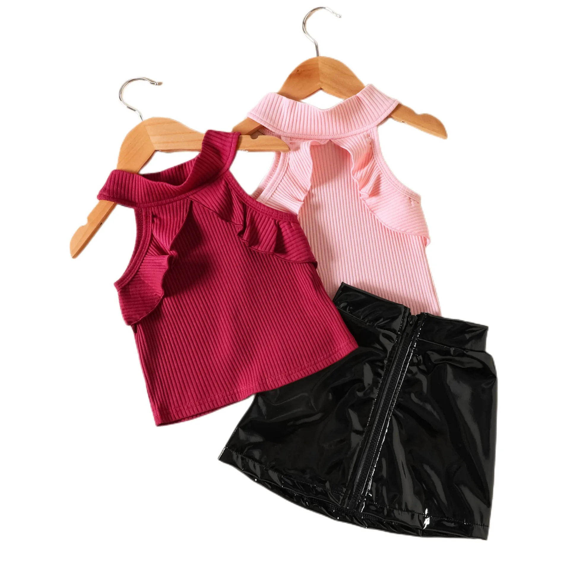 

1-6Y Infant Baby Girls 2pcs Clothes Set Kids Halter Ruffle Sleeveless Crop Tops+ PU Black Skirts Children Summer Casual Outfits