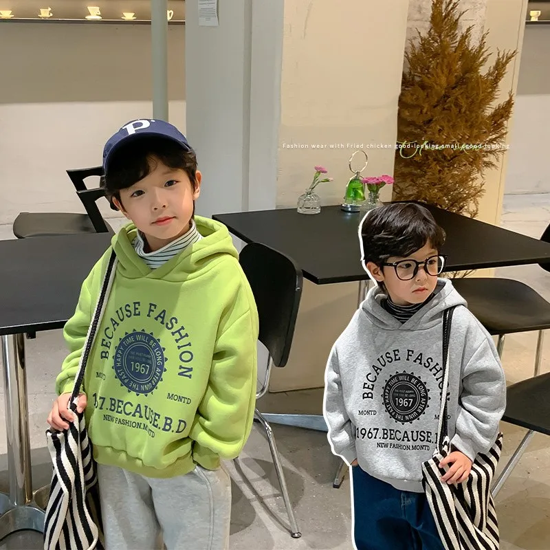 

Boys Hoodies Sweatshirts Cotton Thicken Velvet 2022 Green Warm Winter Autumn Windproof Baby's Kids Children's Clothing