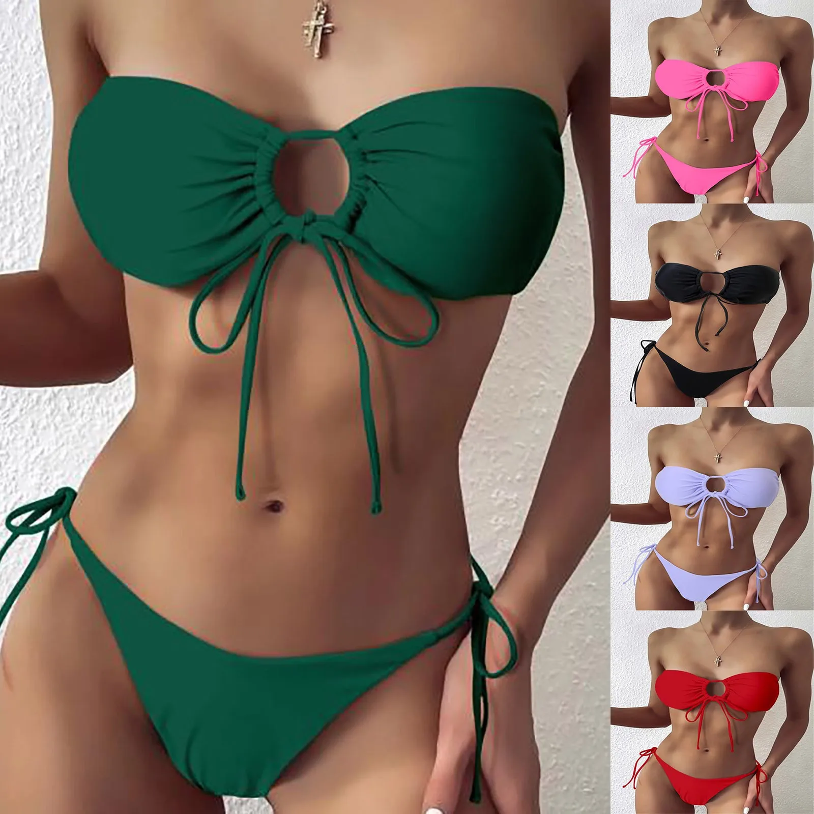

Купальник 2022 новинка Женская мода однотонное бикини раздельный бюстгальтер на шнуровке 2 шт. комплект бикини пуш-ап купальник для женщин