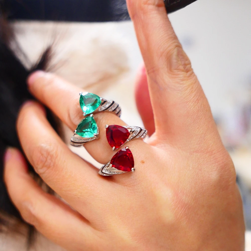 AYJEWELRY женское Открытое кольцо с двумя треугольниками изумрудом зеленым Рубином