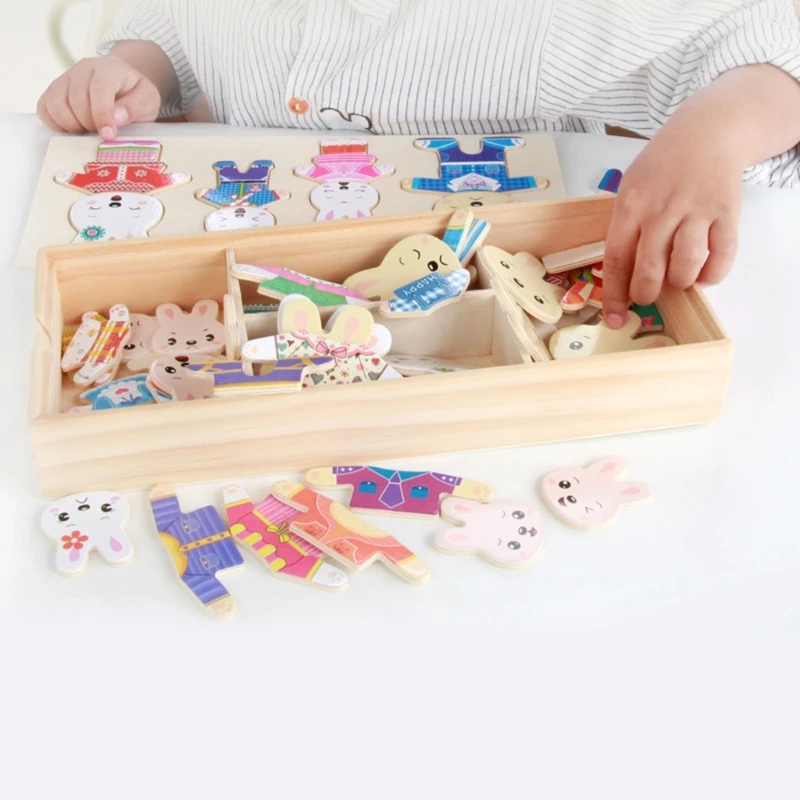 

D7WF 3-D Puzzle Box Shape Matching Board Toy Bear/Rabbit Dress Changing Toy for Toddler Learning Educational Gift