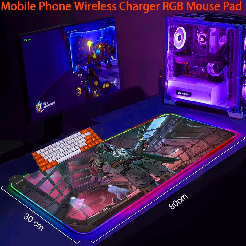 

Коврик для мыши с беспроводной зарядкой RGB, светодиодный игровой коврик Boba Fett, Противоскользящий коврик для клавиатуры ноутбука в офисе, све...
