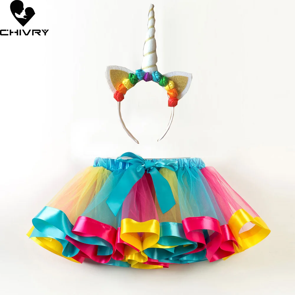 

Girls Ball Gown Skirts Kids Girl Rainbow Gauze Cartoon Unicorn Cosplay Puffy Performance Princess Skirt with Headwear