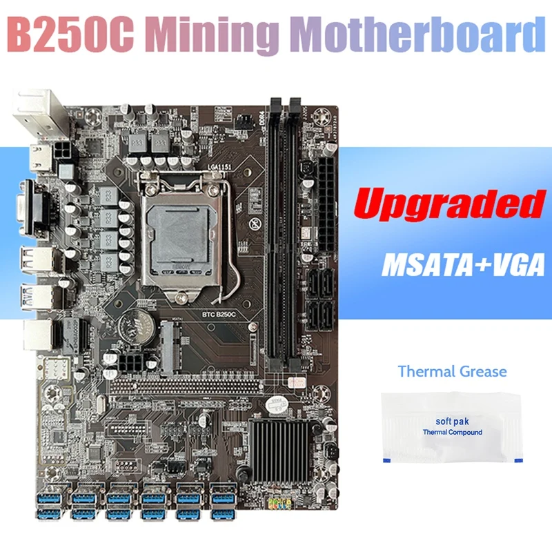 B250C BTC Mining Motherboard+Thermal Grease 12XPCIE To USB3.0 GPU Slot LGA1151 DDR4 MSATA For ETH Miner Motherboard