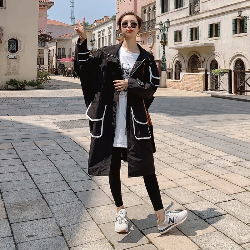 

Women's Coat 2022 Spring Autumn Tooling Trench Jacket Female Matching Hooded Korean Windbreaker Long Section Classic Clothing