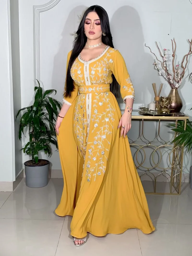 Gulf Women Jalabiyat 2023 Diamonds Lace Tape Belted Kaftan Long Dresses Ramadan Gorgeous Party Style Muslim Women Clothing