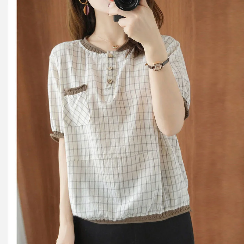 

Fashion O-Neck Button Spliced Loose Lattice Blouse Female Clothing 2023 Summer New Casual Pullovers Short Sleeve Commute Shirt