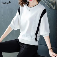o neck solid t shirts women casual patchwork half sleeve elasticity tops spring autumn knitting elegant retro simple clothing