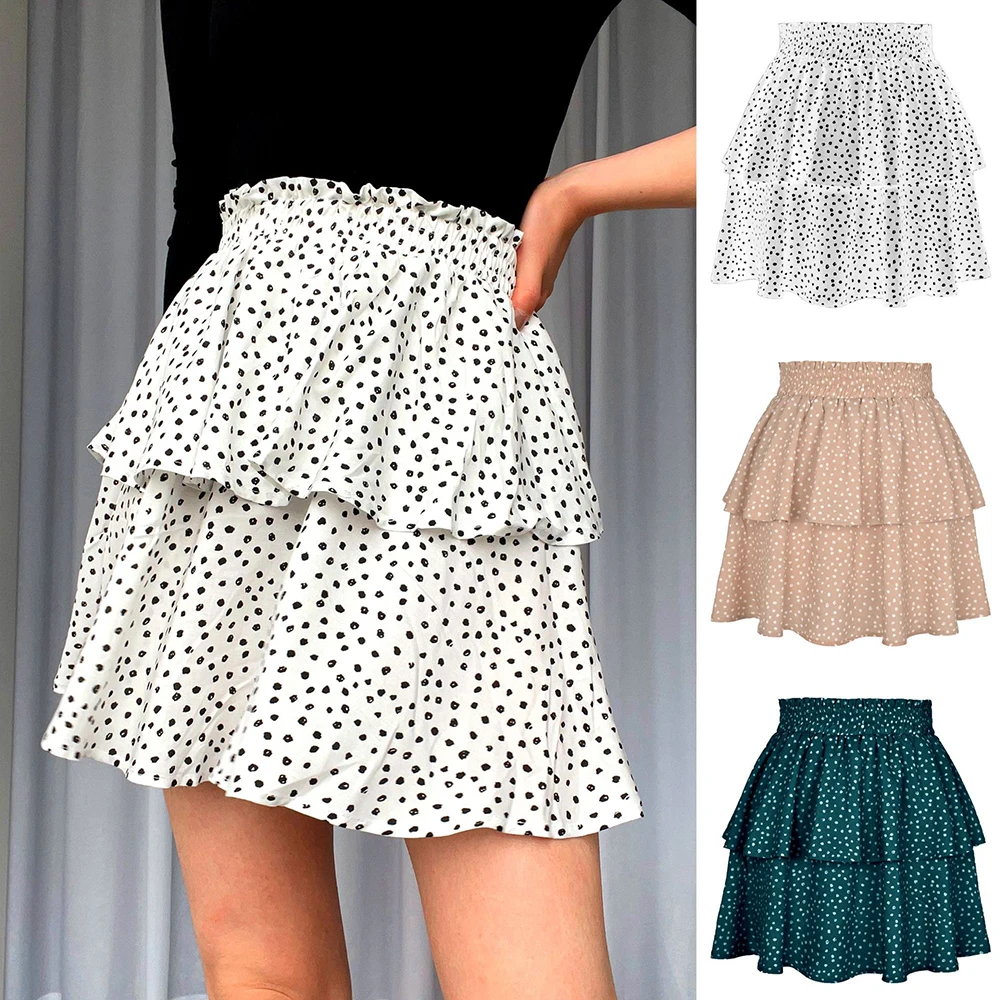 

Sexy Girl Mini Short Skirts Solid Color Dot Print Women Summer Elastic Skirt Ruffle Slim High-waist Skirts 2022 Saia Feminina