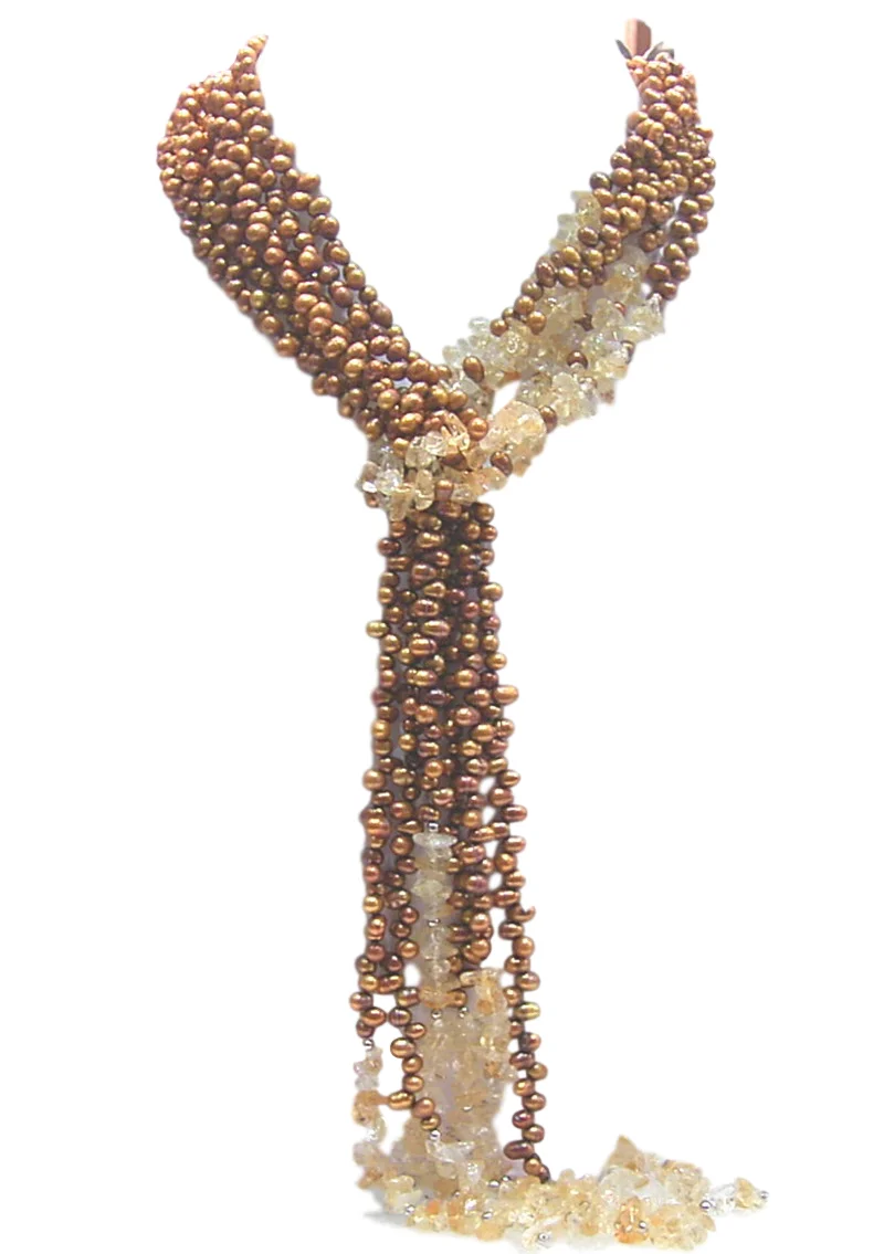 

58" 3 Strand Brown Pearl and Natural Citrine Long Ring Necklace