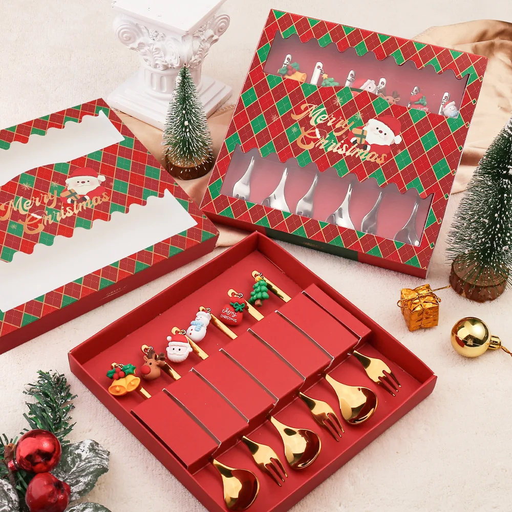 

6PCS/4PCS Christmas Gift Tableware Cutlery Set Elk Christmas Tree Decoration Dessert Spoon Fruit Fork Coffee Spoon Cutlery Gift