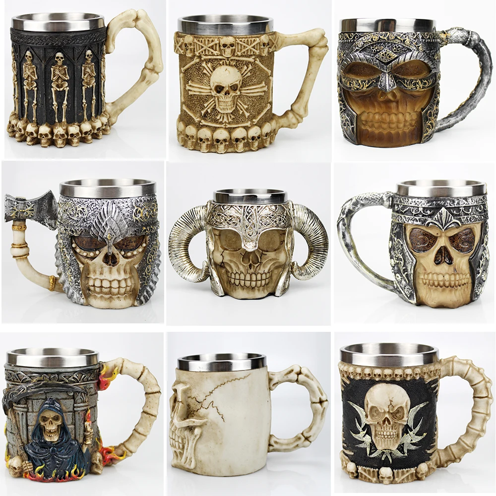 

Stainless Steel Skull Mug Viking Death Grim Reaper With Fire Dragon Handle Goat Horn Gothic Design Coffee Beer Mugs As Halloween
