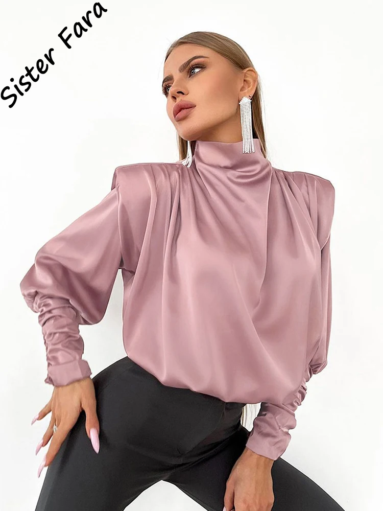 

Рубашка Женская атласная с высоким воротником и рукавами-фонариками