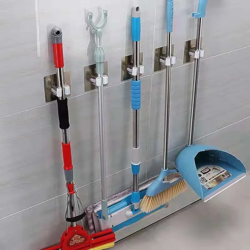 Self-Adhesive Wall Mop Holder Hook Bathroom Kitchen Mop Clip Brush Broom Hanger Storage Rack Kitchen Tool Bathroom Accessories