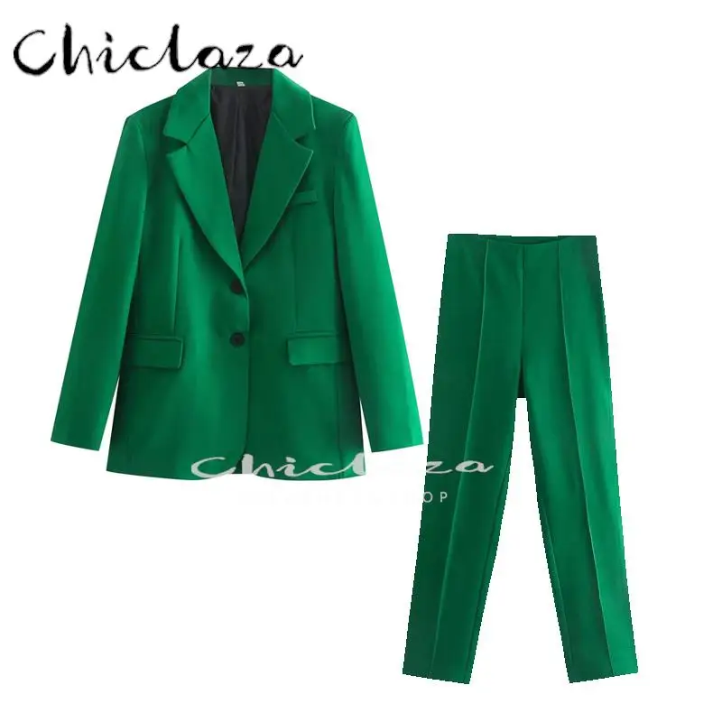 

CHICLAZA 2022 Women Fashion Office Elegant Single-breasted Blazer+Pants Suit Female Solid Color Pocket Button Trousers Set
