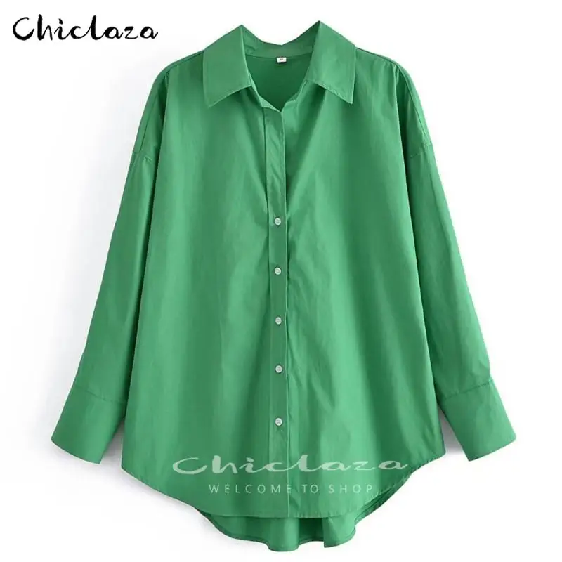 CHCILAZA 2022 Spring Fashion Green White Long Sleeve Shirt Ladies Autumn Casual Button Office Blouse Tops Blusas Female