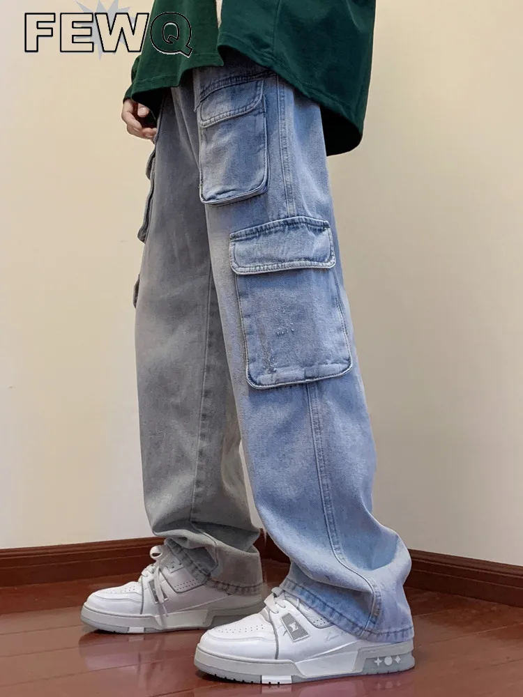

FEWQ 2022 Autumn Men's Jeans Casual Multi Pockets Male High Street Loose Retro Cargo Pant Solid Color Winter New Clothing 24B136