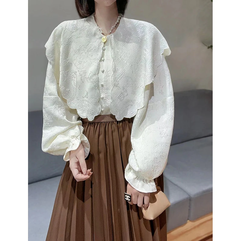 Street Style Exquisite Jacquard Elegant Doll Collar Petal Sleeve Fashion Shirt Women's 2023 Early Spring Chinese Lady Top S-XL