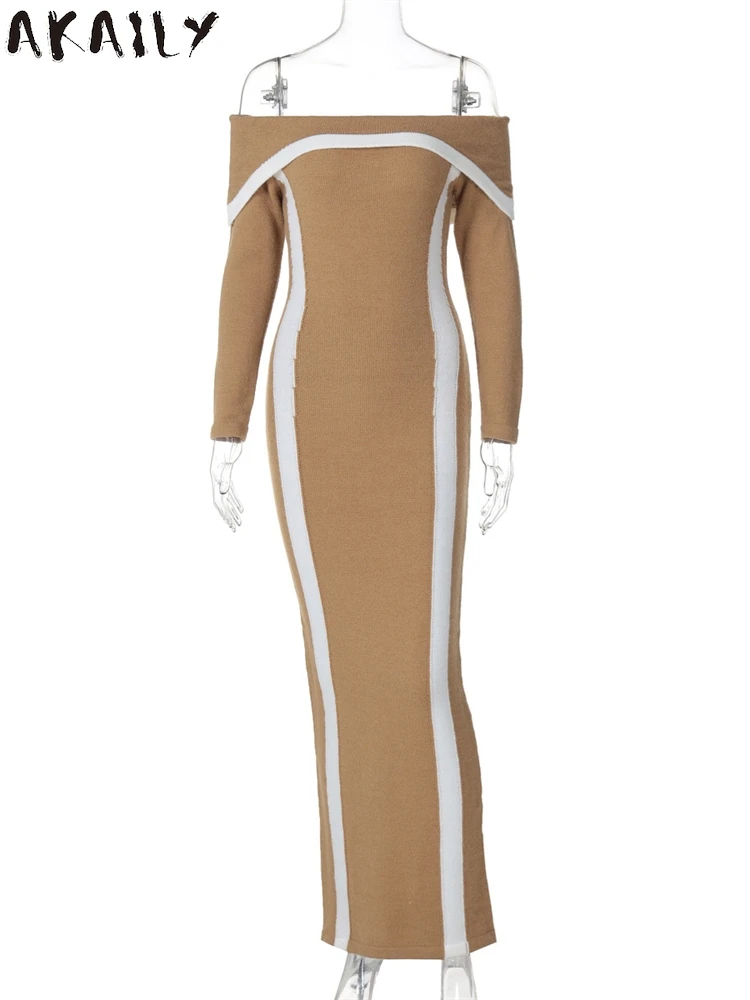Akaily зимнее женское сексуальное длинное платье с открытыми плечами элегантный