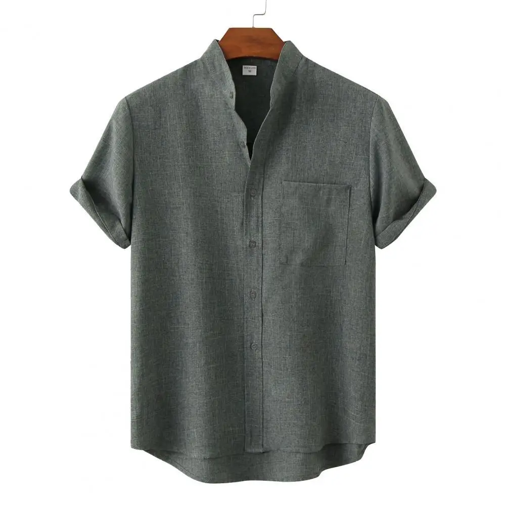 

Retro Shirt Single Breasted Casual Shirt Short Sleeve Male Shirt Pocket Men Shirt Solid Color Stand Collar Men Shirt Workwear