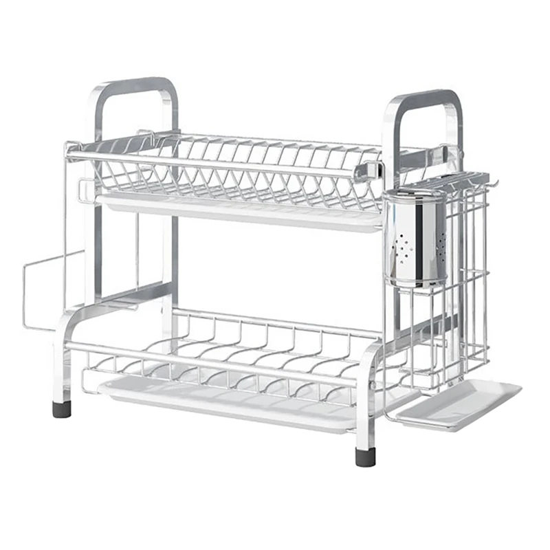 2 Tier Stainless Steel Rack Dish Drying Rack With Drainboard With Utensil Holder Cutting Board Holder Plate Holder