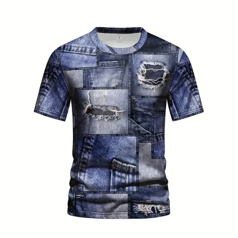 Футболка мужская из денима модная повседневная рубашка оверсайз с круглым