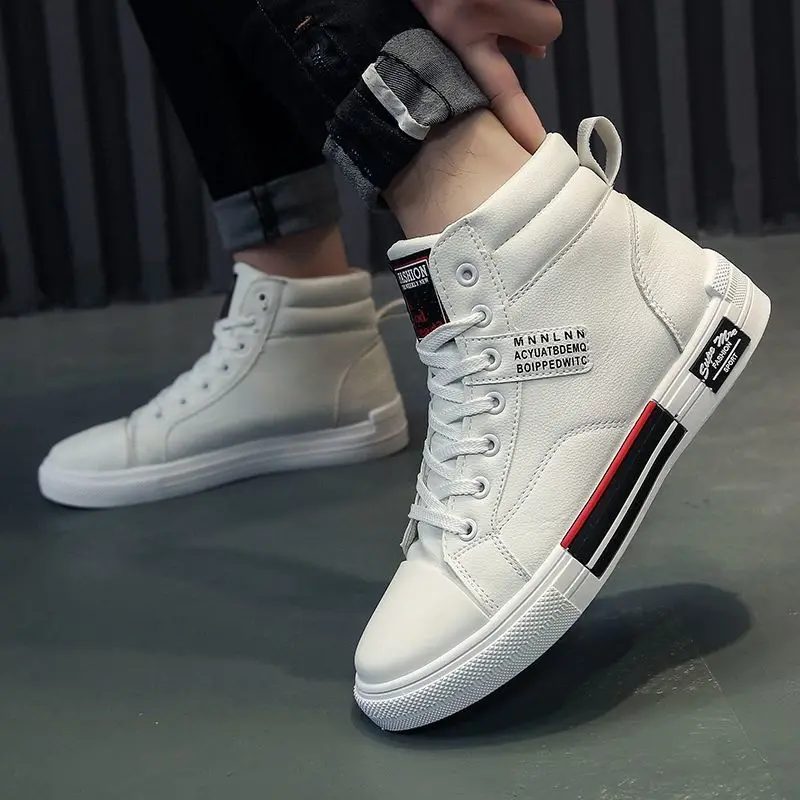 

2022 New Autumn Winter Men Sneakers Boys Fashion Casual Shoes PU Leather Waterproof High Top Boots Male White Shoes All-match
