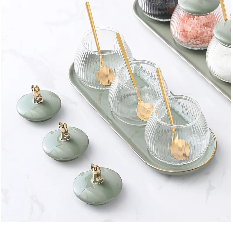 

Kitchenware Glass Jars and Lids Seasoning Jar Cereal Dispenser Glass Bottles Combo Set Household Spice Organizer Rack Sugar Bowl