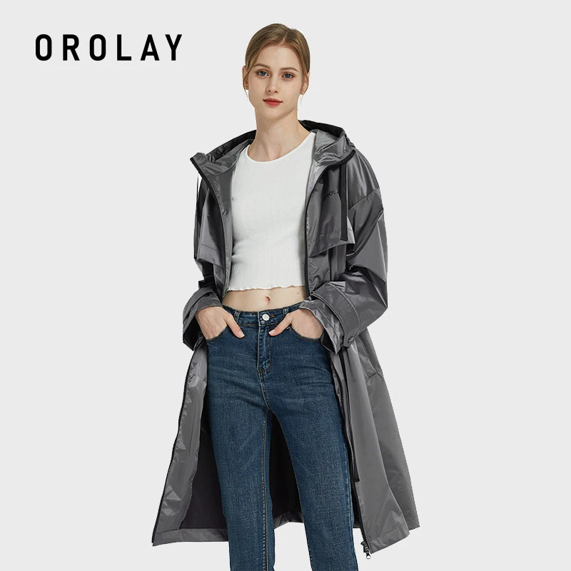 Фото Женский непромокаемый тренчкот Orolay с капюшоном, уличная ветровка с завязкой на талии, легкий дождевик №3