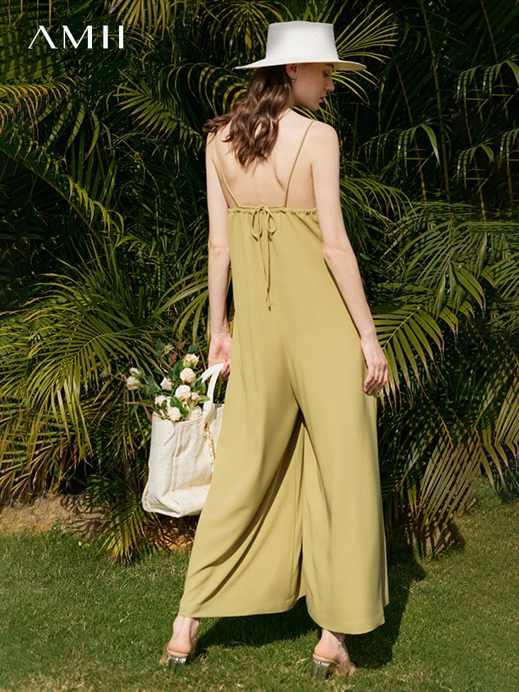 AMII Minimalism 2023 Summer New French Holiday Style V Neck Jumpsuit Women Black Office Lady Casual Female Clothing 12352033