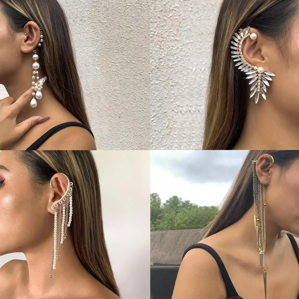 

1PCS New Fashion Retro Crystals Pearl Tassel Long Ear Clip Earrings Fake Cartilage Earring Jewelry Non-Piercing Women Earrings