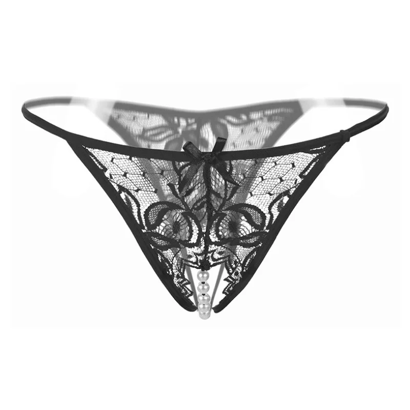 Sexy open crotch panties women lace thong transparent temptation pearl massage passion t pants Large size panties crotchless