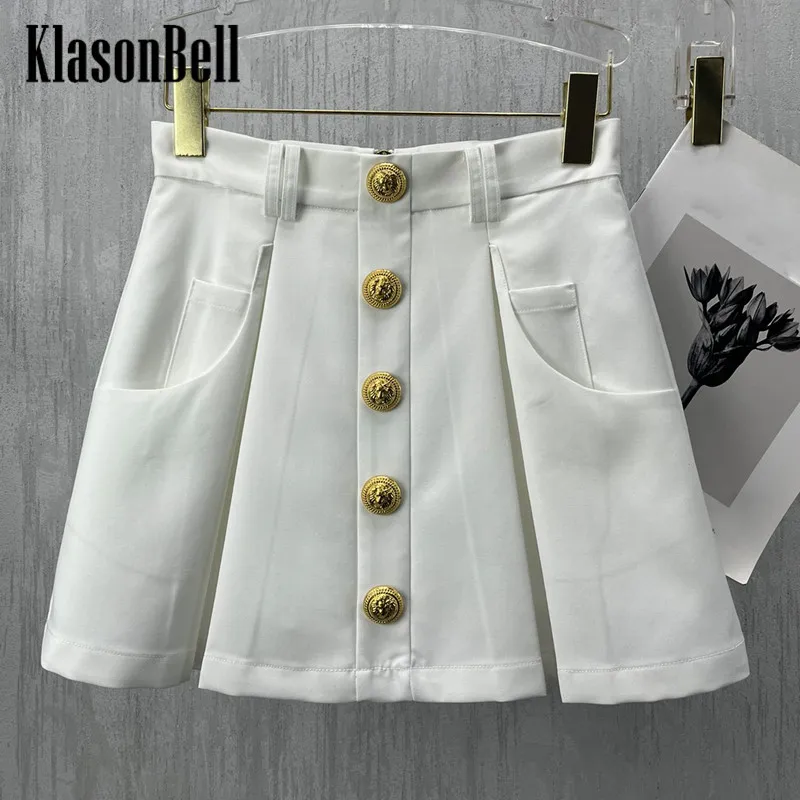 

8.2 KlasonBell Wool Blend Fashion Versatile Gold Button Decoration Pleated High Waist A-Line Skirt Women