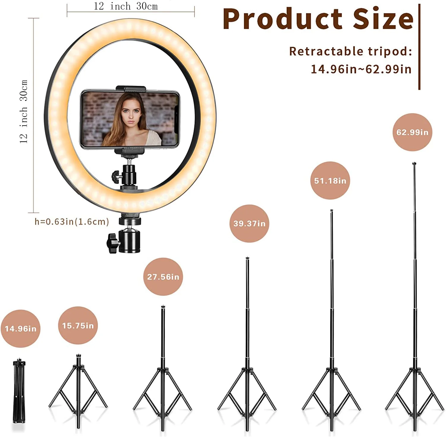 Кольцо женское длиной 12 дюймов с удлиненным штативом 67 и держателем для телефона
