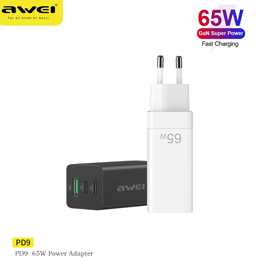 

Awei PD9 65W GaN Quick Charger 3 Port Type-C USB PD Fast Charger Travel Charge Power Adapter For iPhone 12 Xiaomi Laptop EU Plug