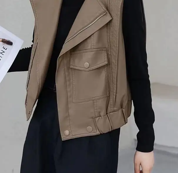 KoHuiJoo Korean Short Leather Coat Women Sleeveless Waistcoat Top 2022 Autumn Turndown Collar PU Leather Casual  Zippers Jacket