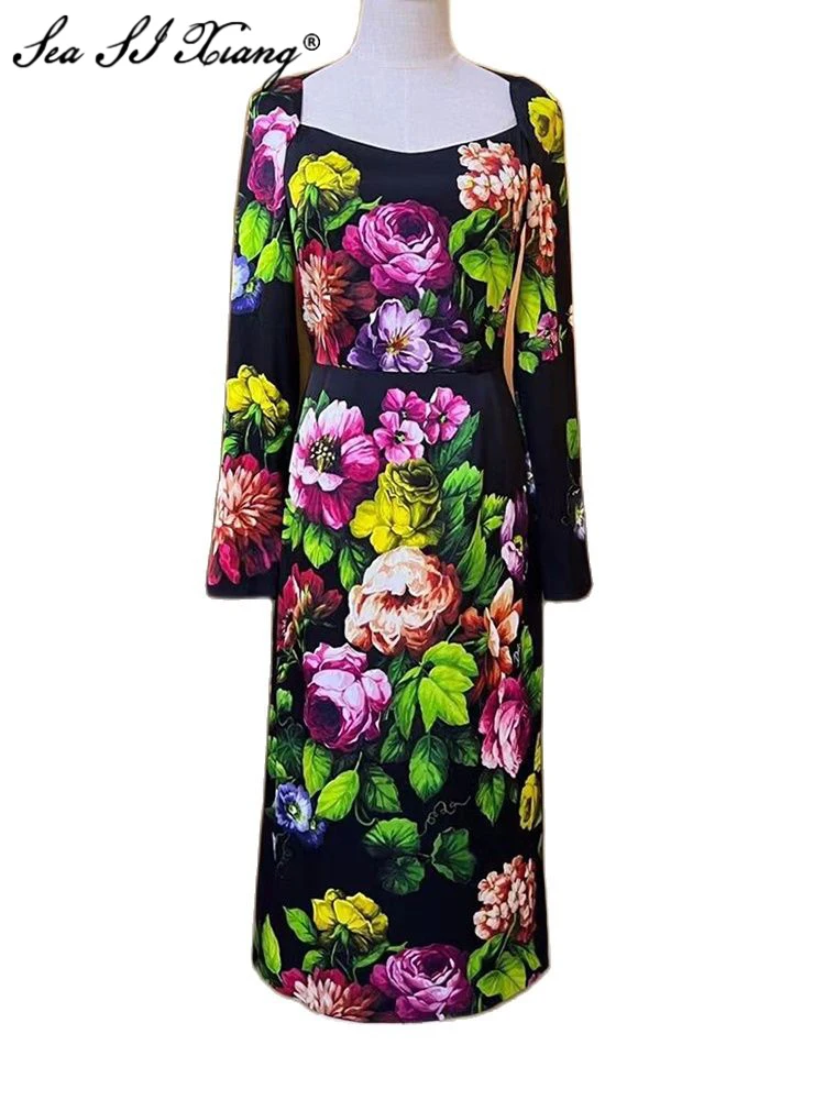 Seasixiang Fashion Designer Autumn Silk Dress Women Square Collar Long Sleeve Rose Flower Print Vintage Party Slim Midi Dresses