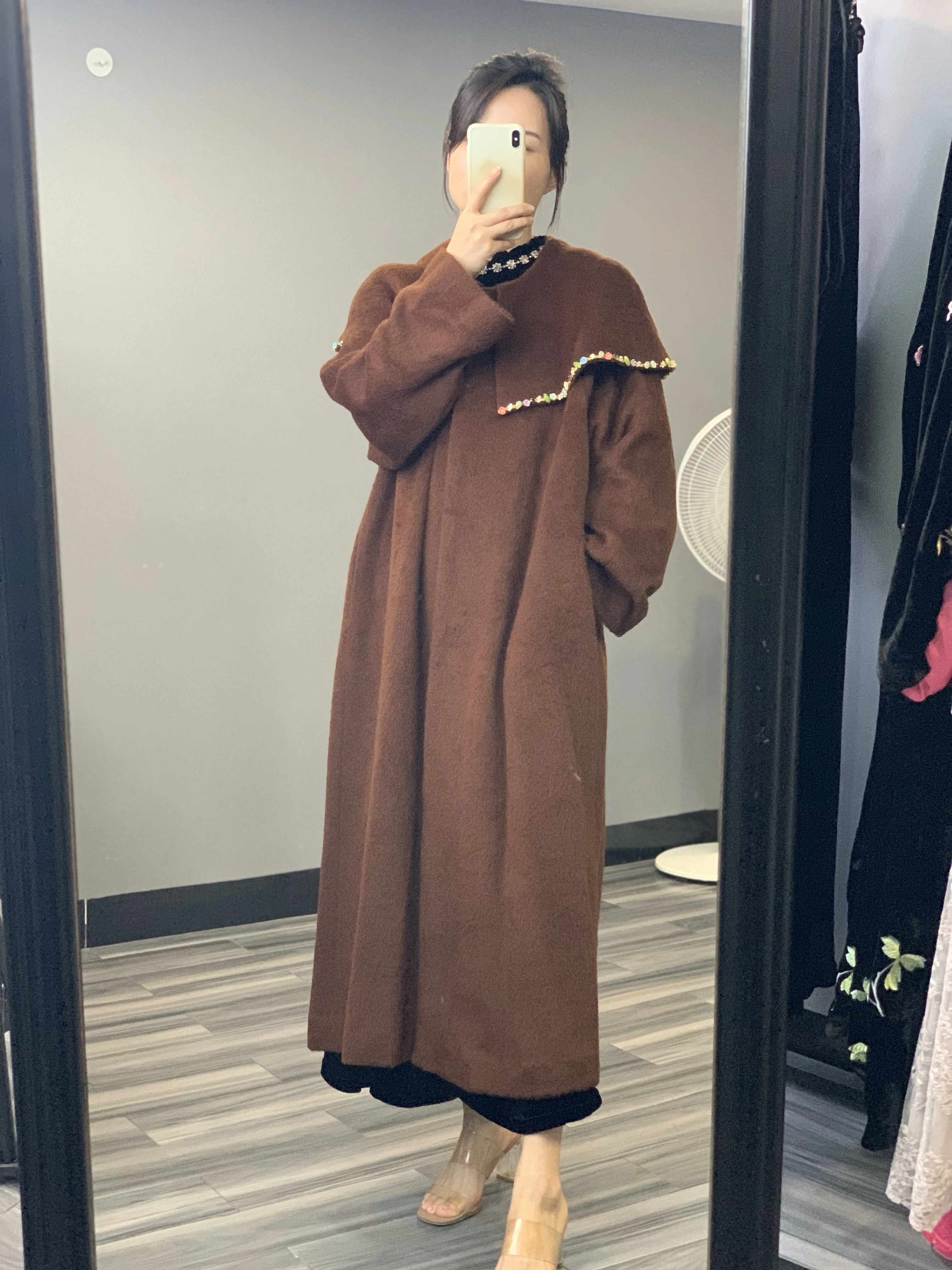 

Linlang original design wool crewneck coffee color cloak collar windbreaker loose woolen tweed 2022 new product