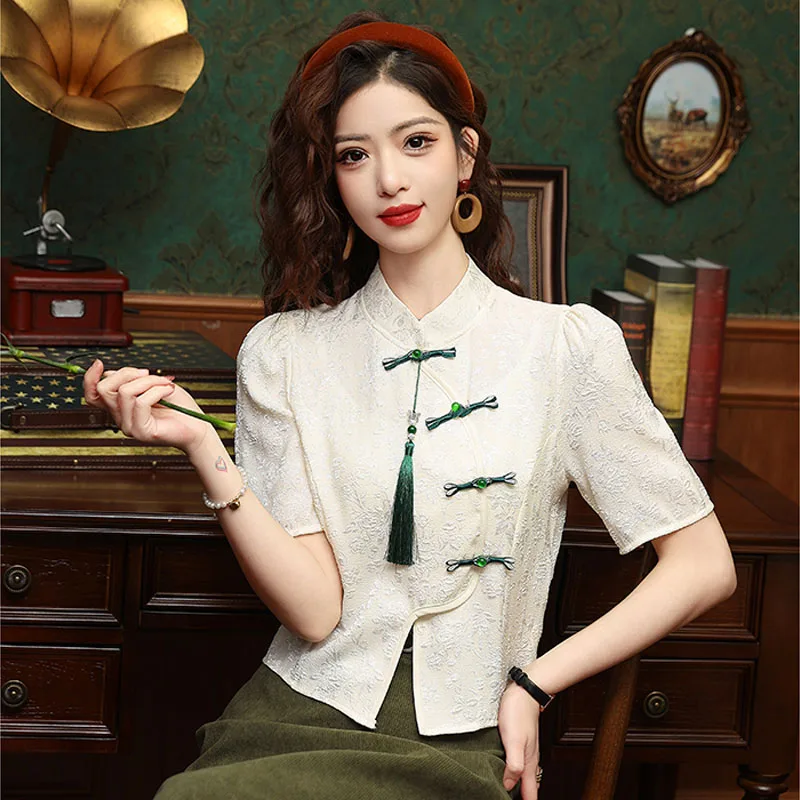 Новая летняя женская рубашка с коротким рукавом и воротником-стойкой шифоновая