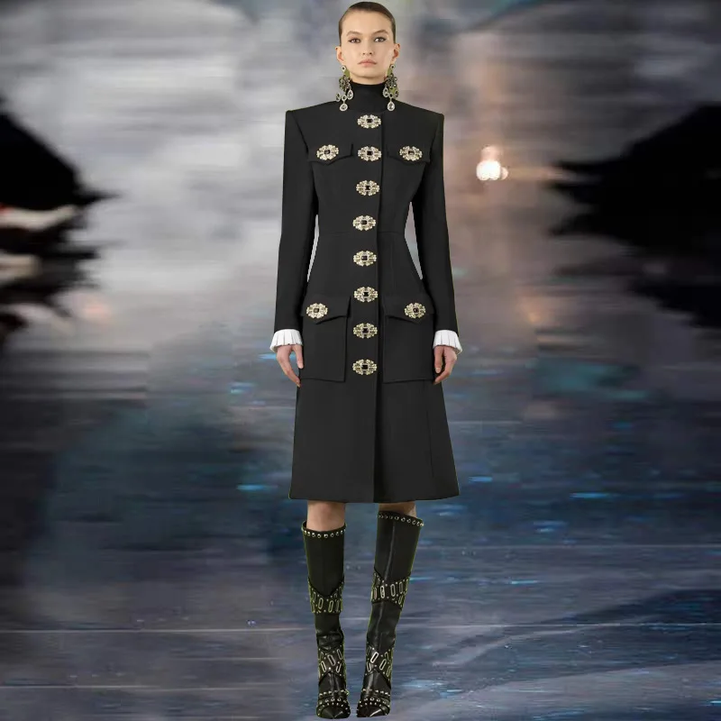 

Vintage Button Designer Women Black Coat Luxury Winter Warm Wool Coat