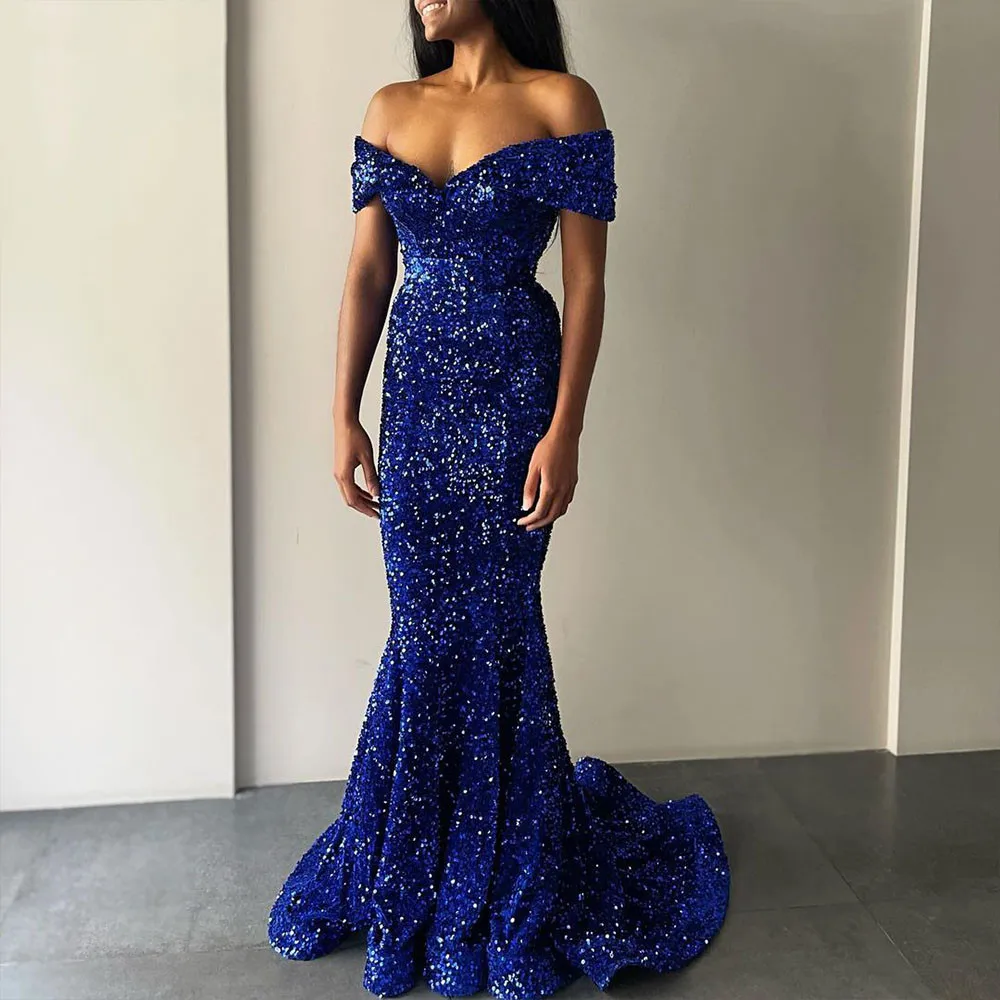 

Shiny Royal Blue Sequins Mermaid Evening Dresses V Neck Glitter Formal Prom Gowns Vestidos De Fiesta Elegantes Para Mujer 2023