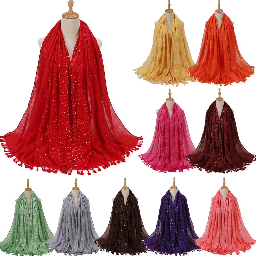 

Мусульманский женский длинный шарф с вышивкой, хиджаб с бусинами, хлопковая льняная шаль, накидка на голову, шарфы с кисточками, Малайзия, го...