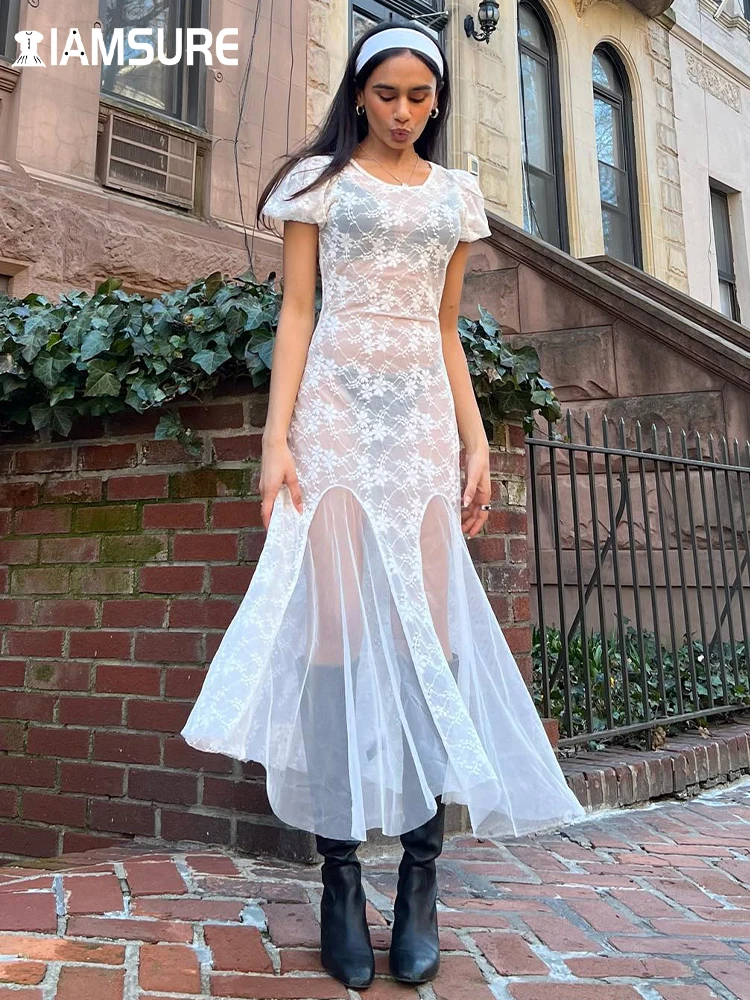 

IAMSURE Beach Style See Through Lace Dress Holiday Sexy Slim Patchwork Mesh Puff Sleeve Maxi Dresses For Women 2023 Summer Lady